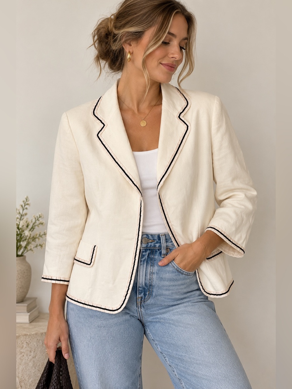 Anne Klein Linen Blend Blazer Ivory Black Trim Size 12 Coastal Preppy